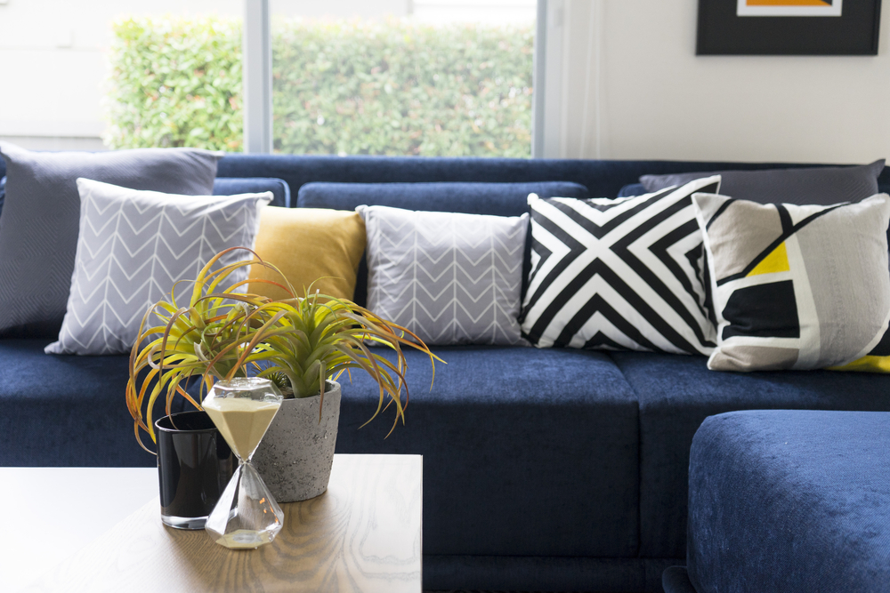 blue couch with patterned pillows
