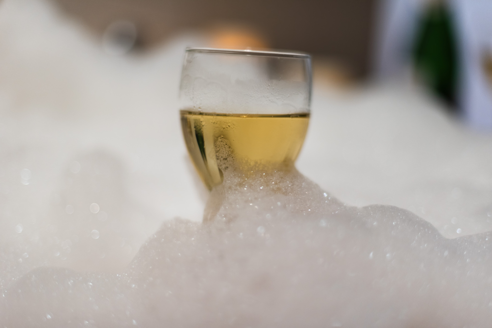 wine in a bubble bath