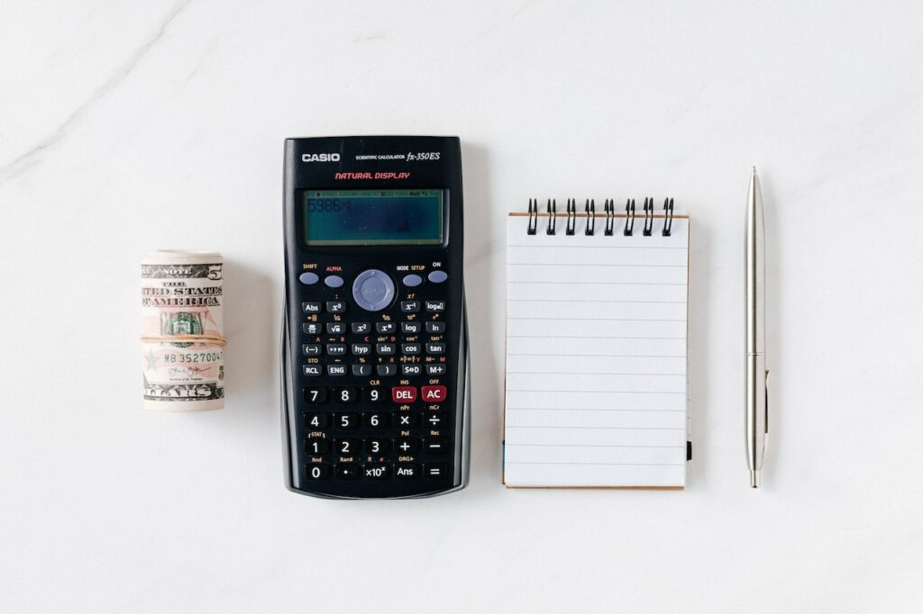 calculator, money, notepad
